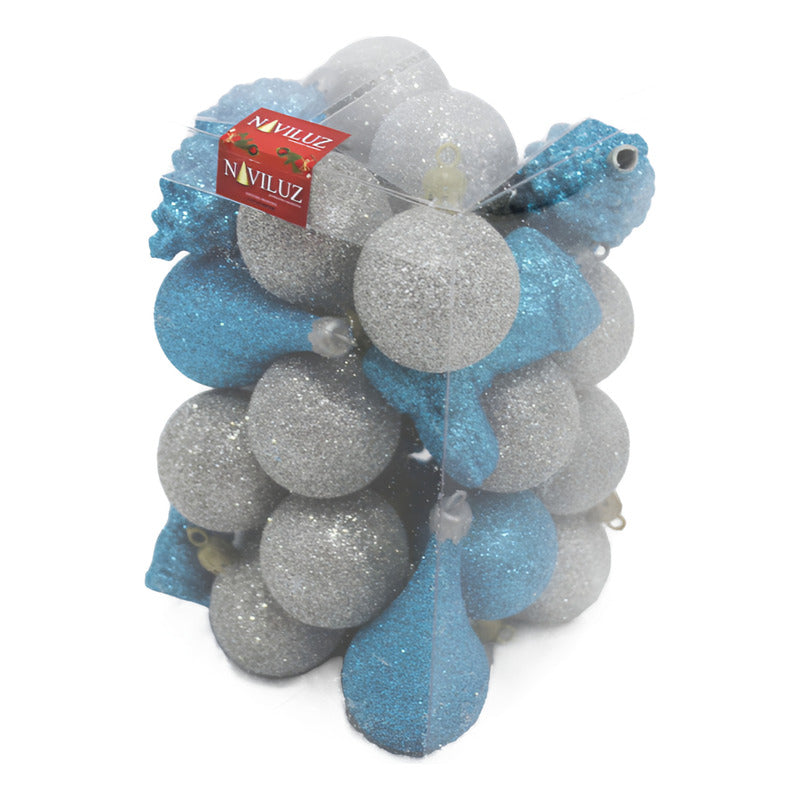 Adornos De Navidad C/glitter En Caja De Acetato Turq Y Plata Turquesa Glitter