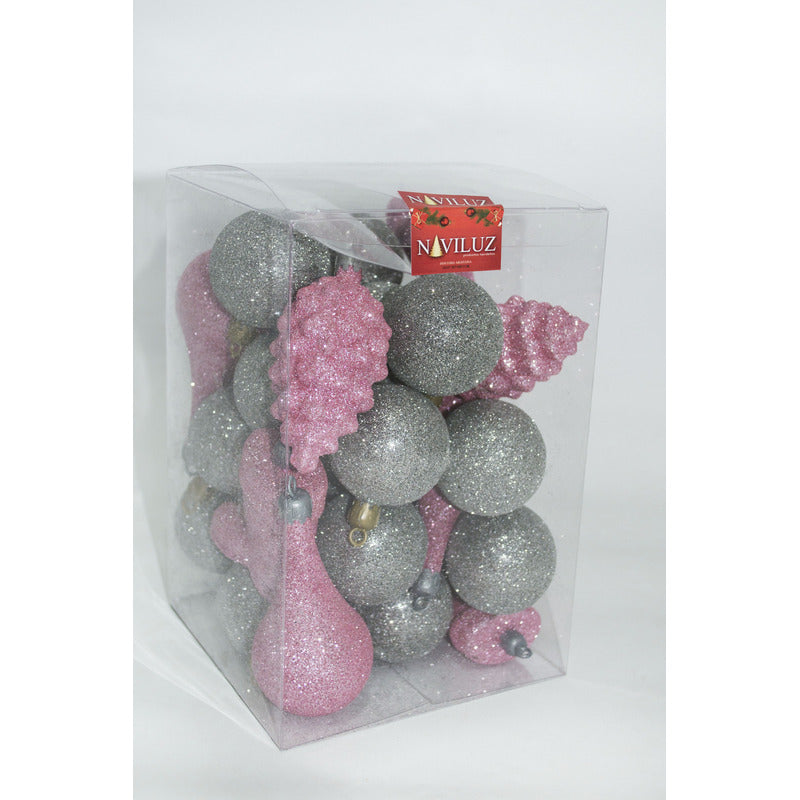Adornos De Navidad C/glitter En Caja De Acetato Rosa Y Plata Rosa Glitter