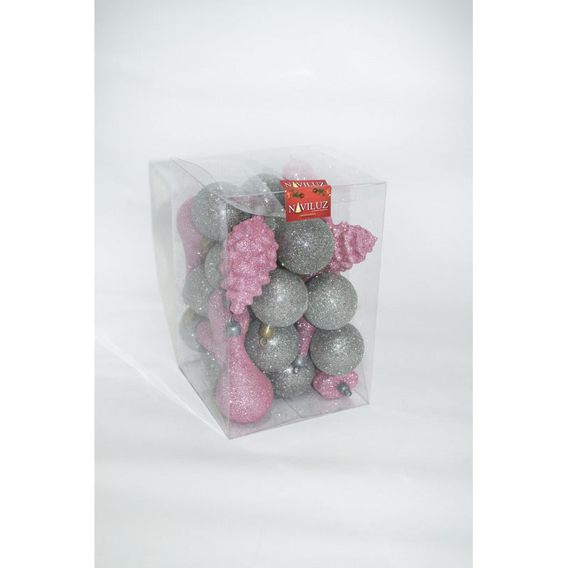 Adornos De Navidad C/glitter En Caja De Acetato Rosa Y Plata Rosa Glitter