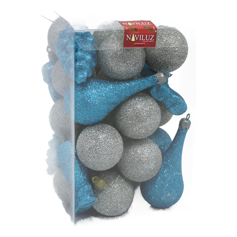 Adornos De Navidad C/glitter En Caja De Acetato Turq Y Plata Turquesa Glitter